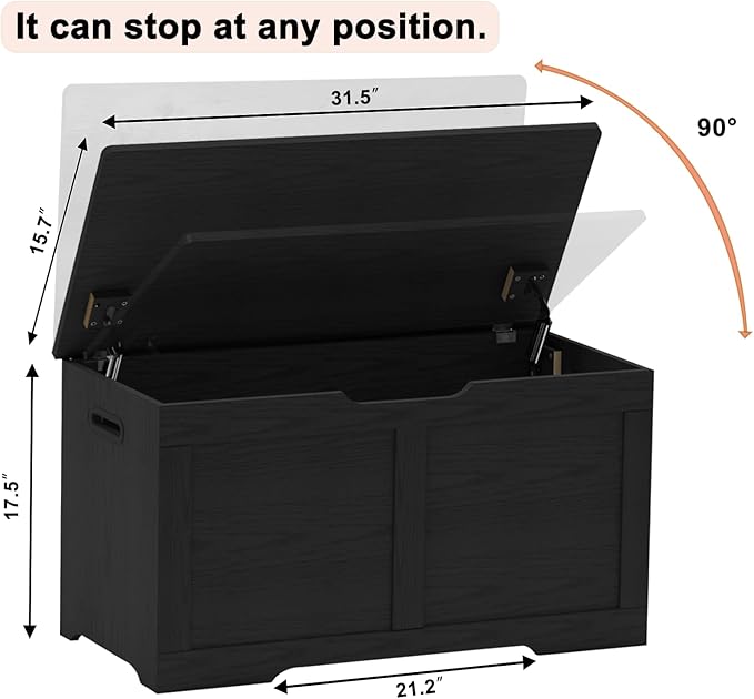 Timberer 31.5" Storage Chest, Wooden Storage Bench, Lift Top Toy Chest with 2 Safety Hinges, Large Toy Box, Entryway Shoes Bench for Living Room, Bedroom, Black