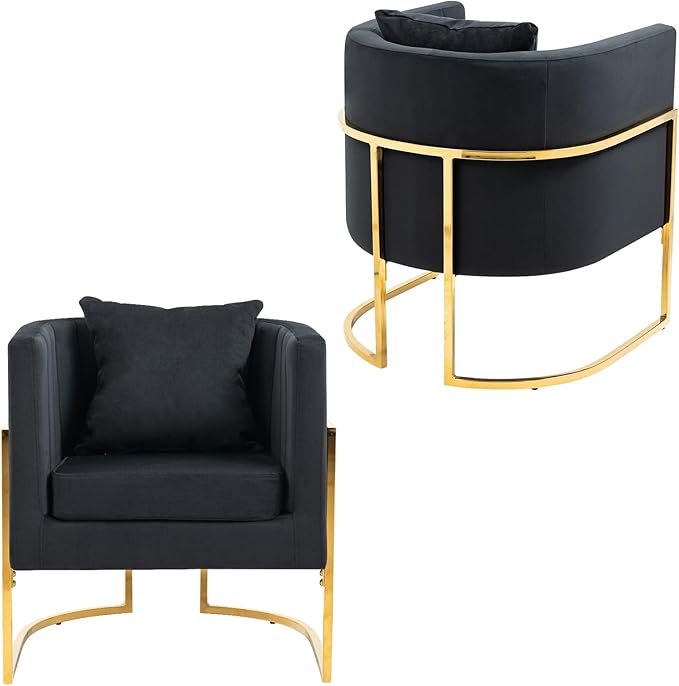 Velvet Modern Accent Chairs Set of 2, Upholstered Barrel Armchair Mid Century with Pillow for Living Room, Comfy Single Vanity Chair with Metal Gold Legs for Bedroom, Black