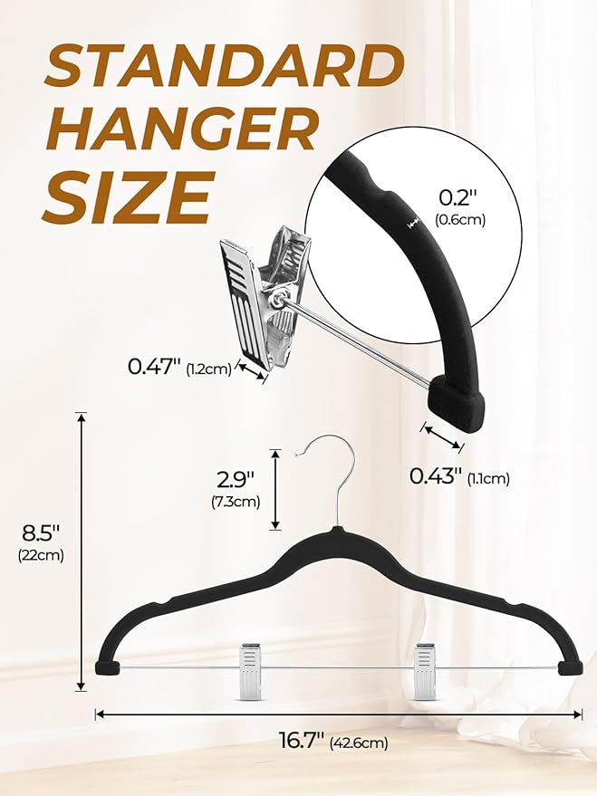 HOUSE DAY Velvet Skirt Hangers 24 Pack, Black Velvet Pant Hangers with Adjustable Clips, Space Saving Slim Shorts Hanger, Heavy Duty Non Slip Clip Hanger for Pants, Skirts, Shorts
