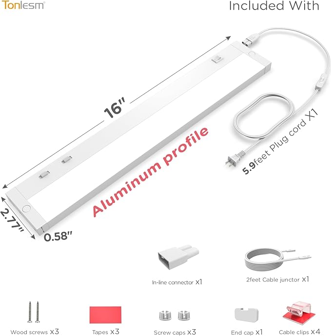 16 Inch Under Cabinet Lighting Plug in, 9W 120V 3 Color 3000K/4000K/5000K, 3 Brightness, Super Bright, Ultra Thin Under Counter Lights for Kitchen, Linkable LED Cabinet Light, White