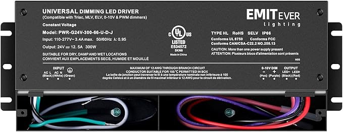 EMITEVER Dimmable Led Driver, 2 Packs 300W AC 110V-277V to DC 24V Transformer, 5-in-1 Dimming: ELV/MLV/TRIAC / 0-10V / 1-10V / 10V PWM/Potentiometer, Waterproof IP67 and UL Listed