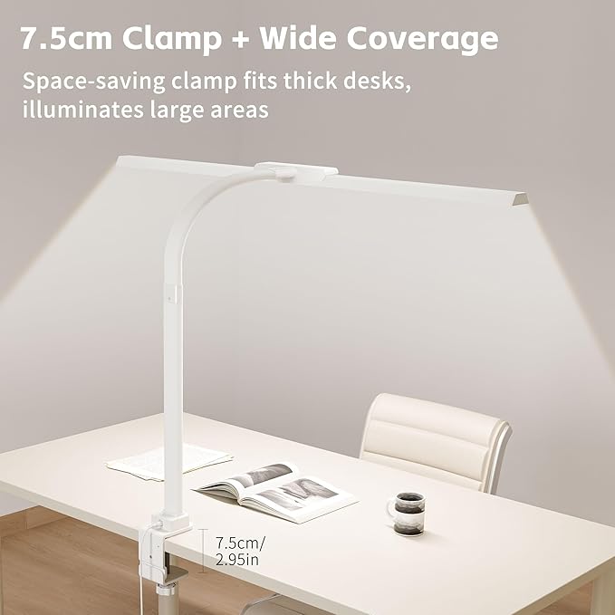 Desk Lamp with Clamp, LED Eye-Caring Clip on Desk Lights for Home Office, Tall Touch Control Dimmable Computer Light with Color Changing, 24W Brightest Architect Desktop Lamp for Screen, White
