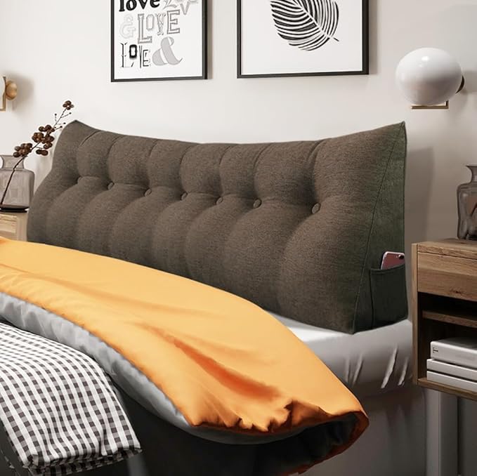 homecozy Wedge Headboard Pillow Dorm Room Reading Pillow Back Support for Sitting Up in Bed Bolster Lumbar Cushion Body Positioning Bedrest Cotton Linen 76in Coffee King