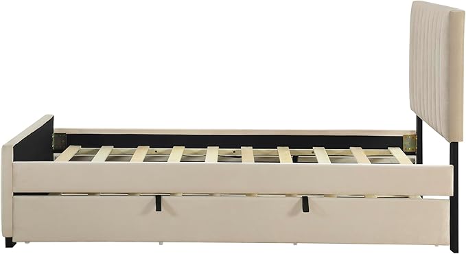Twin Size Bed Frame with Trundle Bed,Velvet Upholstered Bed Frame,Twin Size Trundle Bed with Headboard,Upholstered Platform Bed Twin for Kids Teens Adults(Beige)