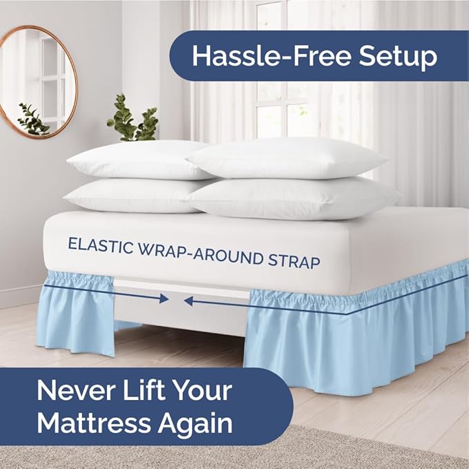 Wrap Around Dust Ruffle Bed Skirt - Light Blue - Twin/Twin XL Size Beds with 15 Inch Drop - Elastic Strap - Adjustable Pleated Bedskirt with Brushed Fabric and Wrinkle Free - Women, Men, Kids & Teens