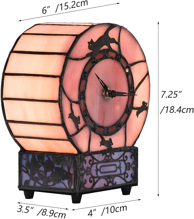 Bieye L10911 Cat and Mouse Tiffany Style Stained Glass Desk Clock Table Lamp for Home Decor (Pink)