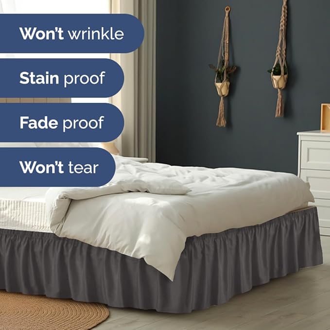 Wrap Around Dust Ruffle Bed Skirt - Charcoal - for Full Size Beds w/ 15 Inch Drop - Easy Fit Elastic Strap - Adjustable Pleated Bedskirt w/Brushed Fabric - Wrinkle Free - for Women, Men, Kids & Teens