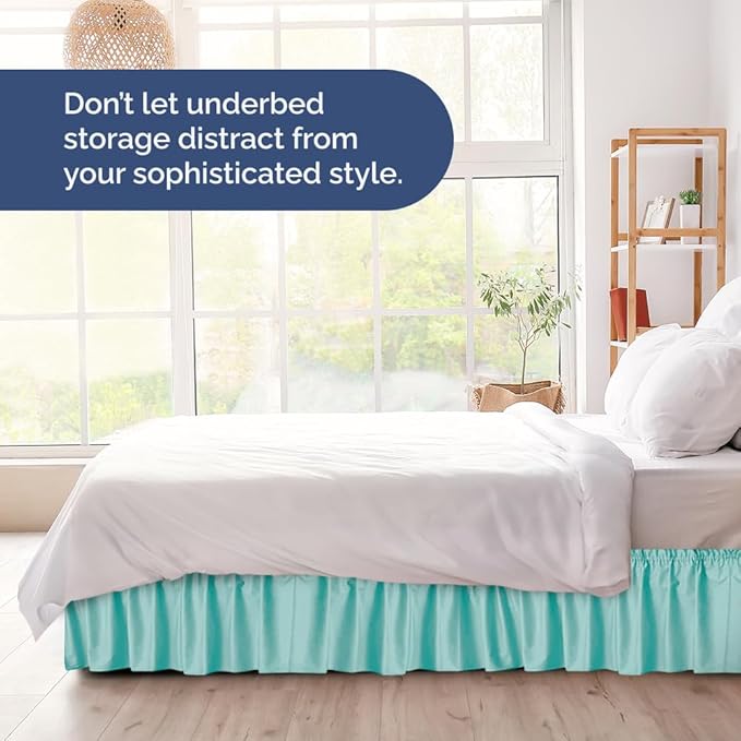 Wrap Around Dust Ruffle Bed Skirt - Spa Blue - for Full Size Beds with 12 Inch Drop - Easy Fit Elastic Strap - Adjustable Pleated Bedskirt w/Brushed Fabric Wrinkle Free - for Women, Men, Kids & Teens