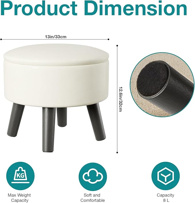 FIMIVIBI Small Foot Stool Ottoman with Storage, Faux Leather Ottoman Foot Rest for Couch, Round Footstool Ottomans for Living Room (White)