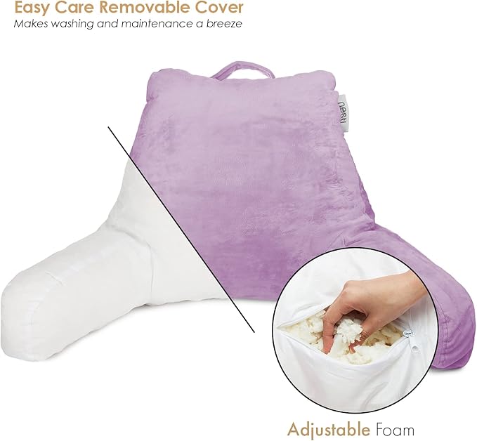 Nestl Reading Pillow with Shredded Memory Foam, Designed for Sitting Up in Bed and Couch, Back and Arms Adjustable Support for Adult & Teens Backrest Pillows for Reading, with Washable Cover Lavender