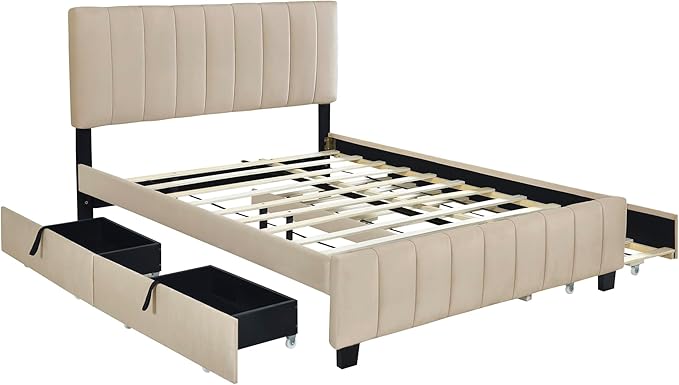 Queen Bed Frame with Trundle Bed,Velvet Upholstered Platform Bed Frame with Storage Drawers,Queen Size Trundle Bed with Headboard for Kids Teens Adults,Beige