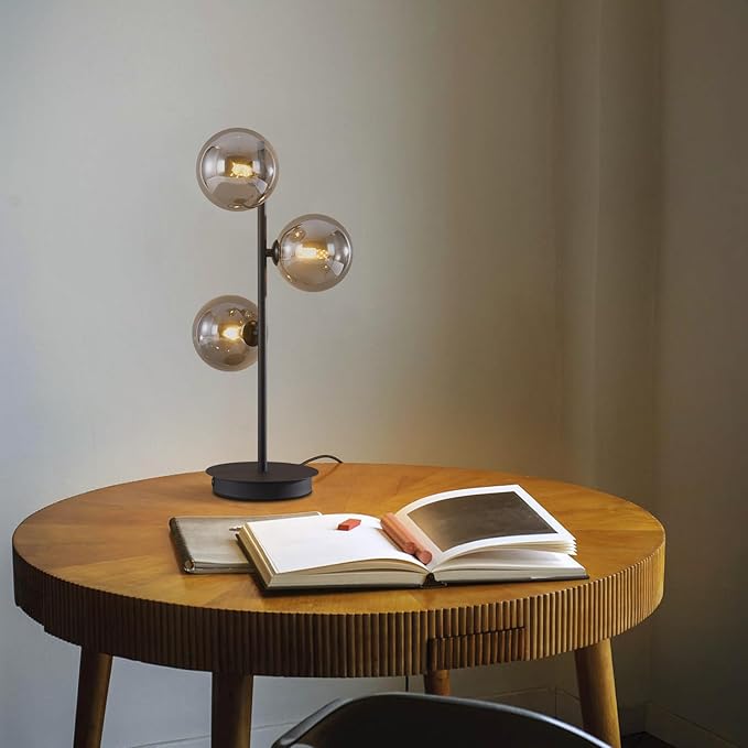 Mid Century Modern Table Lamp Smoky Grey Glass Globe Desk Lamp Industrial Vintage Bedside Table Light Contemporary Minimalist Metal Nightstand Reading Lamp Retro Table Lamp MTL03-SG