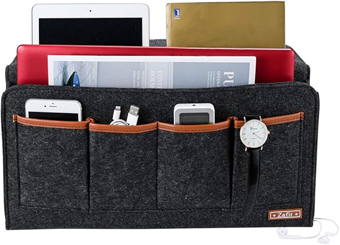 Bedside Caddy, 7 Pockets Large Size Bedside Organizer Caddy for Magazine Remotes Phone (17.3'' x 18.1'', Dark Grey)
