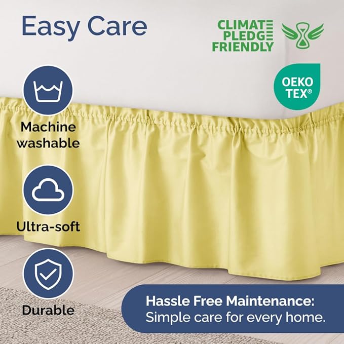 Wrap Around Dust Ruffle Bed Skirt - Yellow - Twin/Twin XL Size Beds with 15 Inch Drop - Easy Fit Elastic Strap - Adjustable Pleated Bedskirt w/Brushed Fabric - Wrinkle Free - Women, Men, Kids & Teens