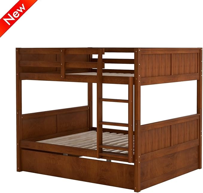 TSAMPA Latest Upgraded & Stronger Heavy Duty Solid Wood Full Over Full Bunk Bed with Trundle, Thickened Safer Convertible Bunkbed Frame (Easier to Assemble) (Walnut)