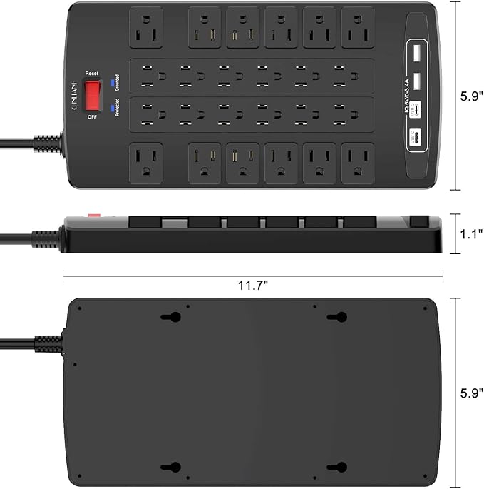 QINLIANF Surge Protector Power Strip - 6Ft Flat Plug Heavy Duty Extension Cord with 24 Outlets and 4 USB Ports(2 USB-C Ports), 1875W/15A, 4100J, for Home, Office, Dorm, ETL Listed, Black