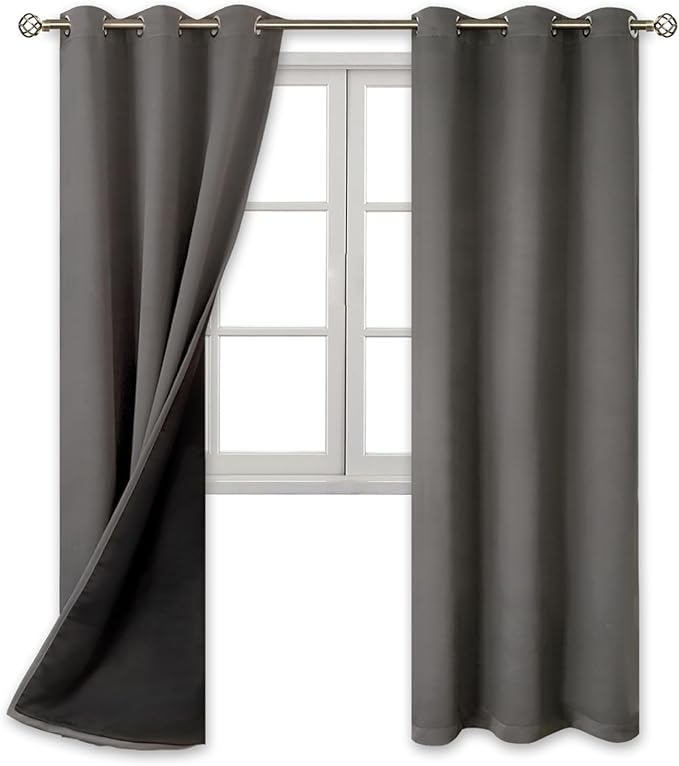 BGment Thermal Insulated 100% Blackout Curtains for Bedroom with Black Liner, Double Layer Full Room Darkening Noise Reducing Grommet Curtain (42 x 84 Inch, Grey, 2 Panels)