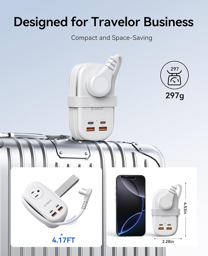 ORICO 65W GaN Travel Power Strip with 7-in-1 Charging Ports (3 AC Outlets/2 USB-A/2 USB-C), Flat Plug and 4FT Extension Cord, Fast Charger for MacBook Pro/Air, iPad Pro, iPhone 17/16/15- AP3