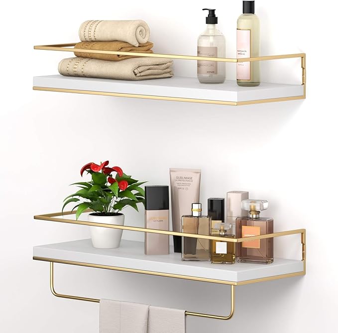 Shario White Floating Shelves - Set of 2, Wall Mounted Hanging Shelves with Golden Towel Rack, Decorative Storage Shelves for Bathroom, Kitchen, Living Room & Bedroom (White Gold, 15.7 Inches) | Hanging Shelves, for Bathroom, Kitchen, Living Room, Bedroom
