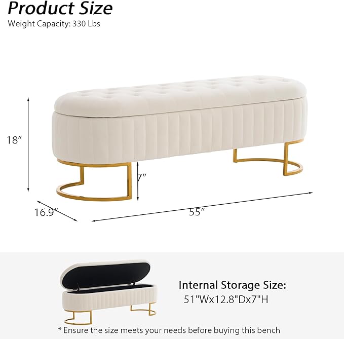 Velvet Storage Bench for Bedroom, Modern Tufted End of Bed Bench for King Size Bed, Upholstered Long Ottoman Bench with Gold Legs for Living Room/Entryway (Ivory White, 55" Wide)