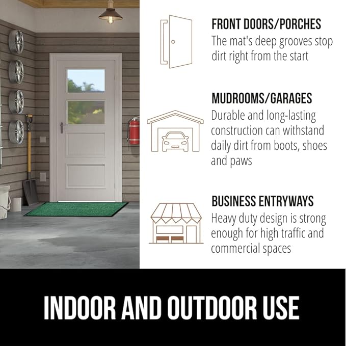 GORILLA GRIP Waterproof Traffic Guard Door Mat, 72x48, Heavy Duty Entryway Mats, Strong Rubber Back Commercial Utility Rugs for Office Hallway, Garage Floor and Home, Low Profile Carpet Runner, Green