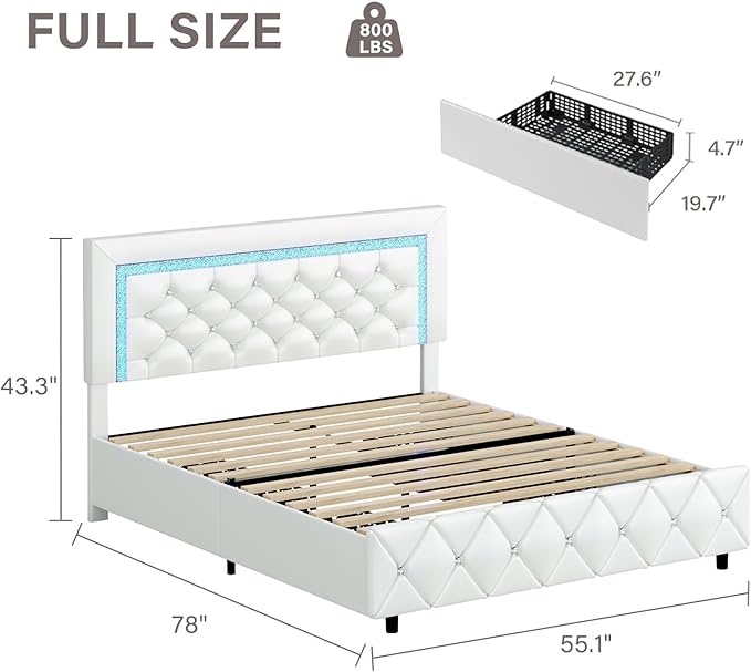 BarnFurin Full Size Bed Frame with LED Lights, Upholstered Bed Frame with Storage Drawers, Modern Platform Bed with Diamond Headboard and Footboard, No Box Spring Needed, White