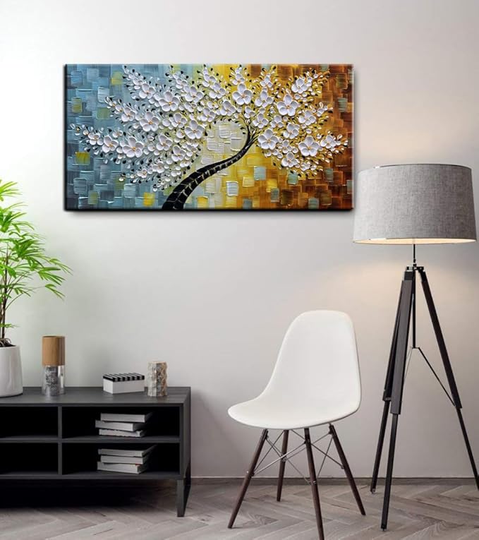 YaSheng Art -100% HandPainted Oil Painting On Canvas Texture White 3D Flower Tree Paintings Abstract Canvas Wall Art Home Bedroom Dining Room Living Room Modern Wall Decor Art Ready to hang 24x48inch