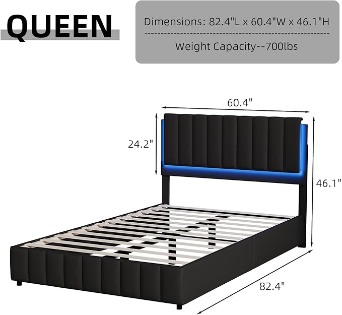 Queen Size Bed Frame with Headboard and LED Lights, Modern Upholstered Faux Leather Platform Bed with Wooden Slats Support, No Box Spring Needed, Easy Assembly, Black