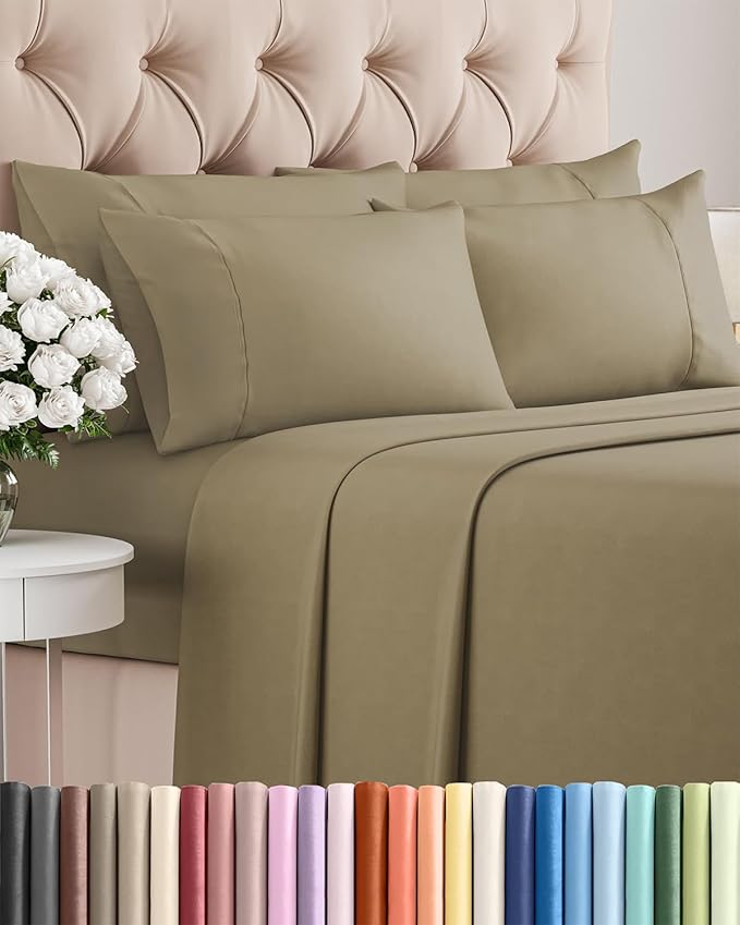 Cal King 6 Piece Sheet Set - Cooling, Comfy & Breathable - Hotel Luxury Bedding, Includes Fitted Sheet for Women, Men, Kids & Teens - 1 Flat, 1 Fitted Sheet, 4 Pillowcases with Deep Pockets - Khaki