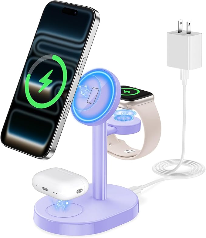 2025 3 in 1 Wireless Charging Station for Apple MagSafe Charger, 15W Fast Magnetic Mag-Safe Charger Stand for iPhone 17 16 15 14 13 12 Apple Watch AirPods Compatible with MagSafe, Purple