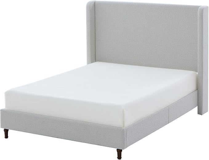 King Size Upholstered Bed Frame, 54" Tall Headboard Curved Wingback Platform Bed Frame/Elegant Boucle Bed Frame for Bedroom/ Wood Slats Support/No Box Spring Needed/Easy Assembly/Cream White Boucle