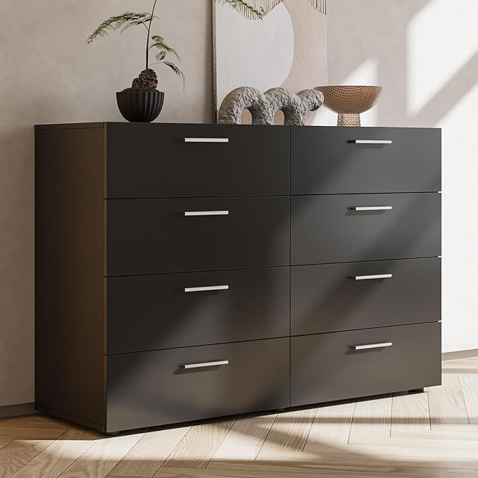 Karl home 8 Drawer Dresser, Wood Black Vanity Drawer Cabinet, Bedroom Storage Cabinet TV Stand, Large Dresser Storage Chest with Deep Drawers, Bedroom Furniture，55.1 * 31.5 * 15.7 inches