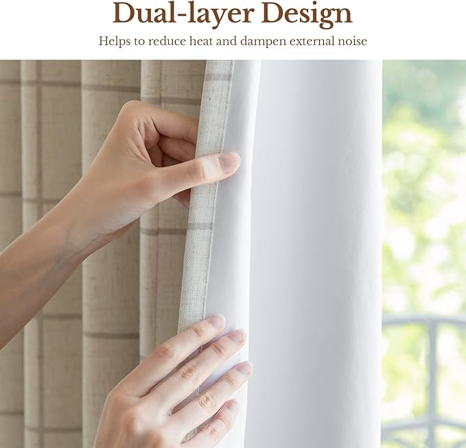 Plaid Pinch Pleated Curtains - Modern Luxury Linen Buffalo Blackout Drapes, Thermal Insulated Double Layer Window Panels for Living Room Bedroom, 120 Inches Long Brown 2 Panels Set