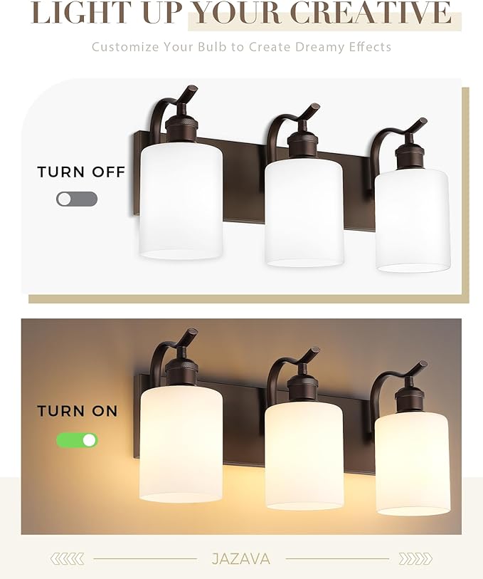 3 Light Bathroom Vanity Light, Morden Vanity Lighting Fixtures Over Mirror Oil Rubbed Bronze Bathroom Sconces Wall Lighting with Milky White Frosted Shade ZCVL01ORBW-3