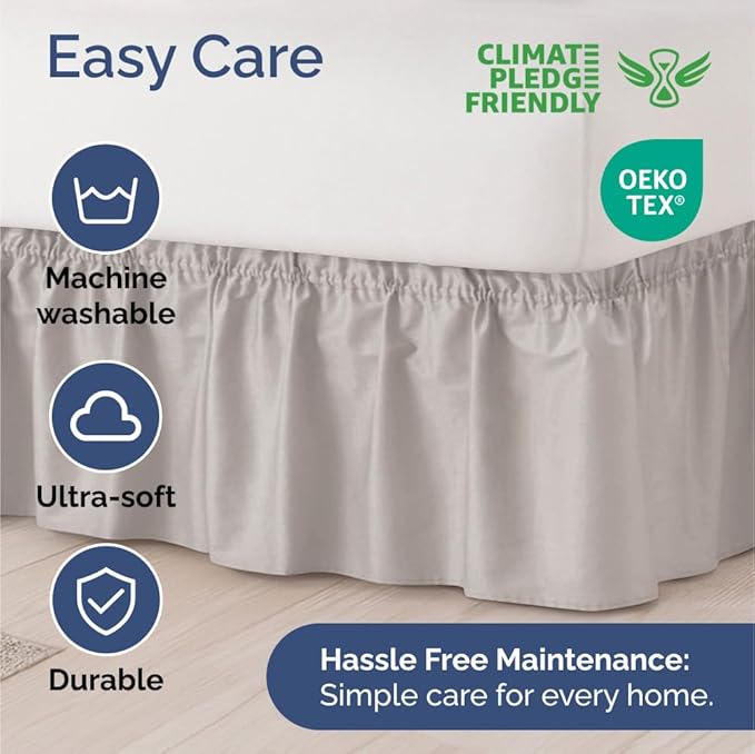 Wrap Around Dust Ruffle Bed Skirt - Light Grey - for Queen Size Beds with 18 Inch Drop - Elastic Strap - Adjustable Pleated Bedskirt with Brushed Fabric and Wrinkle Free - For Women, Men, Kids & Teens
