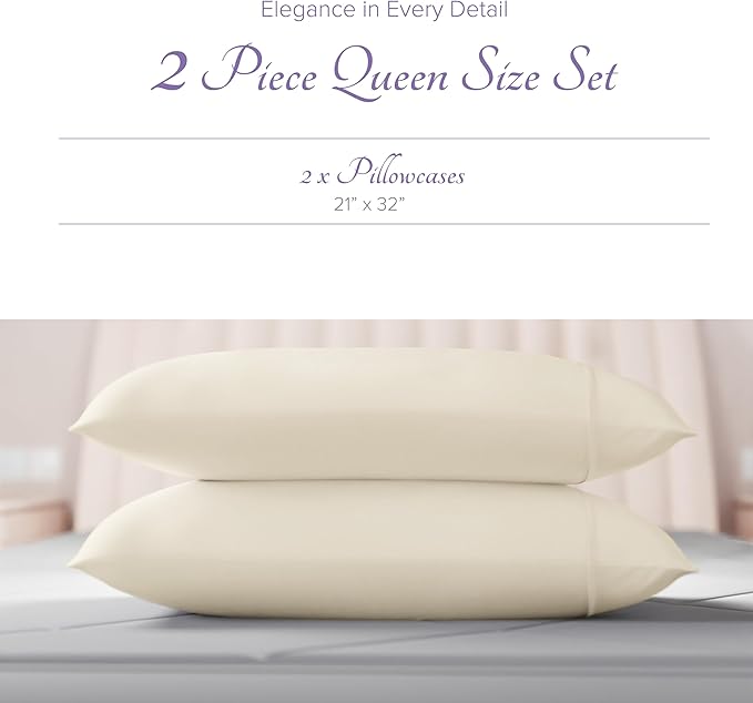 Carressa Linen 100% Egyptian Cotton Pillow Cases Queen Size Set of 2 - Luxury 600 Thread Count Ivory Standard/Queen Size Pillowcases, Silky Soft, Cooling Sateen Weave Hotel Quality Bed Pillow Cover