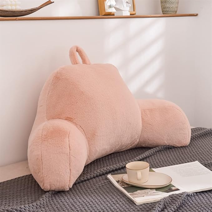 Holawakaka Reading Pillow for Sitting up in Bed Sofa Kids Teens, Backrest Pillow with Arms for Girls Women Petites Pregnancy, Back Support Cushion for Couch Floor Nursery Playroom Blush