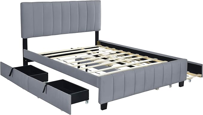 Queen Bed Frame with Trundle Bed,Velvet Upholstered Platform Bed Frame with Storage Drawers,Queen Size Trundle Bed with Headboard for Kids Teens Adults,Gray