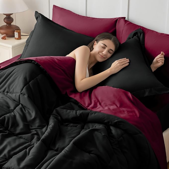 JOLLYVOGUE California King Comforter Set, Ultra-Soft Bed in a Bag Cal King Size 7 Pieces, Oeko-TEX Certified Bedding Set with Down Alternative Comforter, Sheets, Pillowcases & Shams, Burgundy & Black