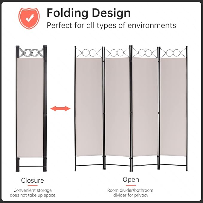 4 Panel Room Divider 6FT Steel Frame Screen Folding Privacy Divider Freestanding Partition for Home Office Bedroom (Tan)