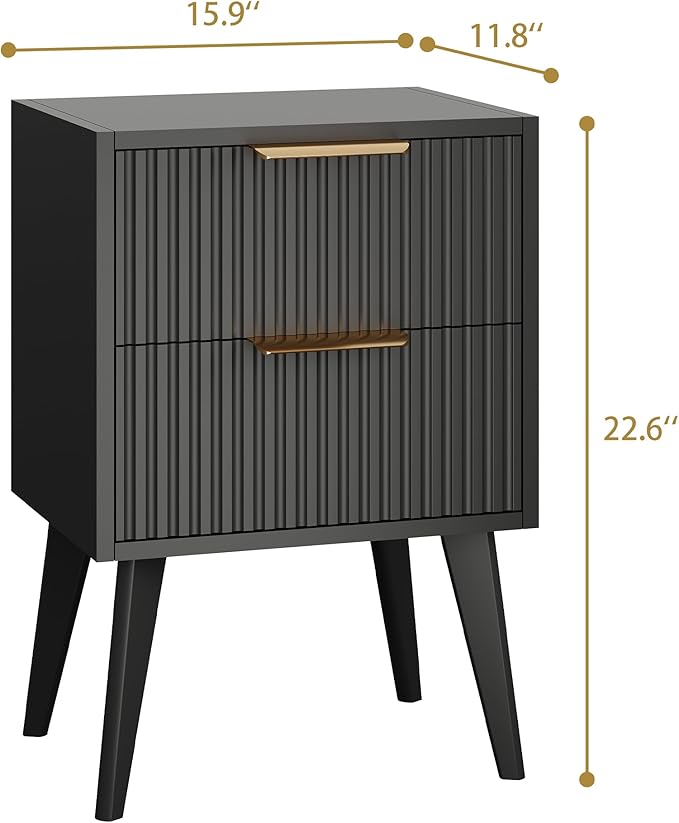 YAUKOMEL Black Night Stand,Modern Bedside Table,Small Nightstand with 2 Drawers,Fluted Side Table with Wood Legs,Mid Century End Table for Bedroom,Small Space,Black 11.8" D x 16" W x 22.4" H CTG55BK