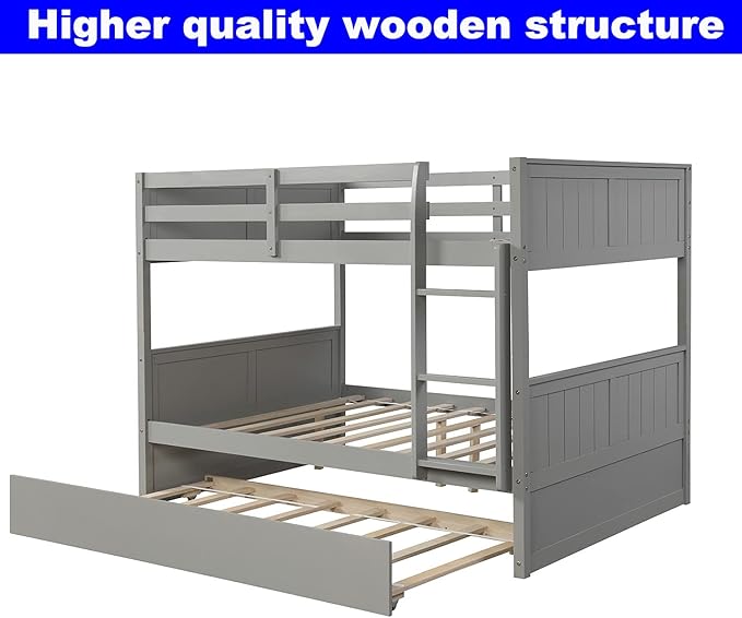 STERXONE Best Thicken Solid Wood Full Over Full Bunk Bed with Trundle, Luxurious Bunk Bed Frame Full Size with Safety Guard Rail and Ladder, Convertible to 2 Beds for Adults, Teens, Kids (Gray)