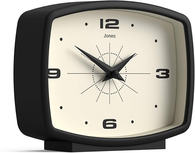 JONES CLOCKS® Film Desk Clock | Retro Rectangular Design | Black | Retro Design, Blending mid Century Style with a Punchy Modern Finish for Shelf, Table, Mantel or Bedside