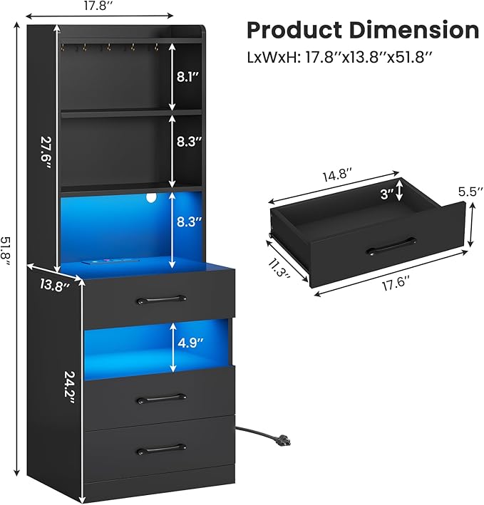 VIAGDO Tall Nightstand Set of 2 with Charging Station and LED Lights, Black Night Stand Set 2 with Bookshelf, Modern LED Bedside Tables with 3 Drawers and Storage Shelves, Side Tables for Bedrooms