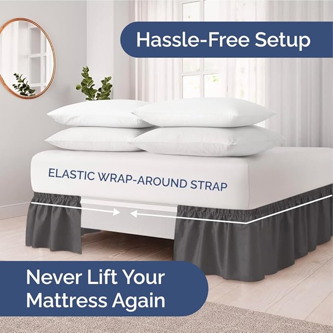 Wrap Around Dust Ruffle Bed Skirt - Charcoal - for King Size Beds w/ 12 Inch Drop - Easy Fit Elastic Strap - Adjustable Pleated Bedskirt w/Brushed Fabric - Wrinkle Free - for Women, Men, Kids & Teens