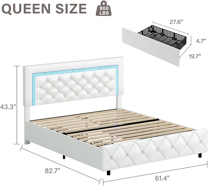 BarnFurin Queen Bed Frame with LED Lights, Upholstered Bed Frame with Storage Drawers, Princess Platform Bed with Diamond Headboard and Footboard, No Box Spring Needed, White