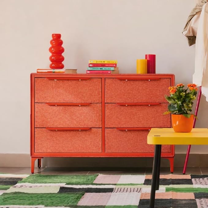 Naima Premium Fabric Dresser - Strong Metal Frame, 6 Spacious Sag-Proof Drawers with Sleek Metal Handles - Premium & Durable Storage Solution for Your Home (Orange)