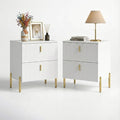 Luxury Fluted Night Stand Set of 2, Nightstand with 2 Drawers, Modern Bedside Table with Golden Legs and Handles, End Tables for Living Room Bedroom, White