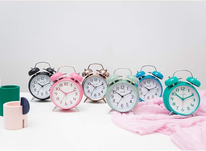 {Loud Alarm for Deep Sleepers) 4'' Twin Bell Alarm Clock with Backlight for Bedroom and Home Decoration(Pink)