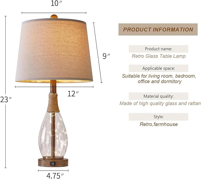 OYEARS Bedside Table Lamps Set of 2 with USB, Modern Bedside Lamps Retro Farmhouse Rattan Glass Nightstand Nightlight Lamps for Bedroom Living Room Dorm,Two Light Points
